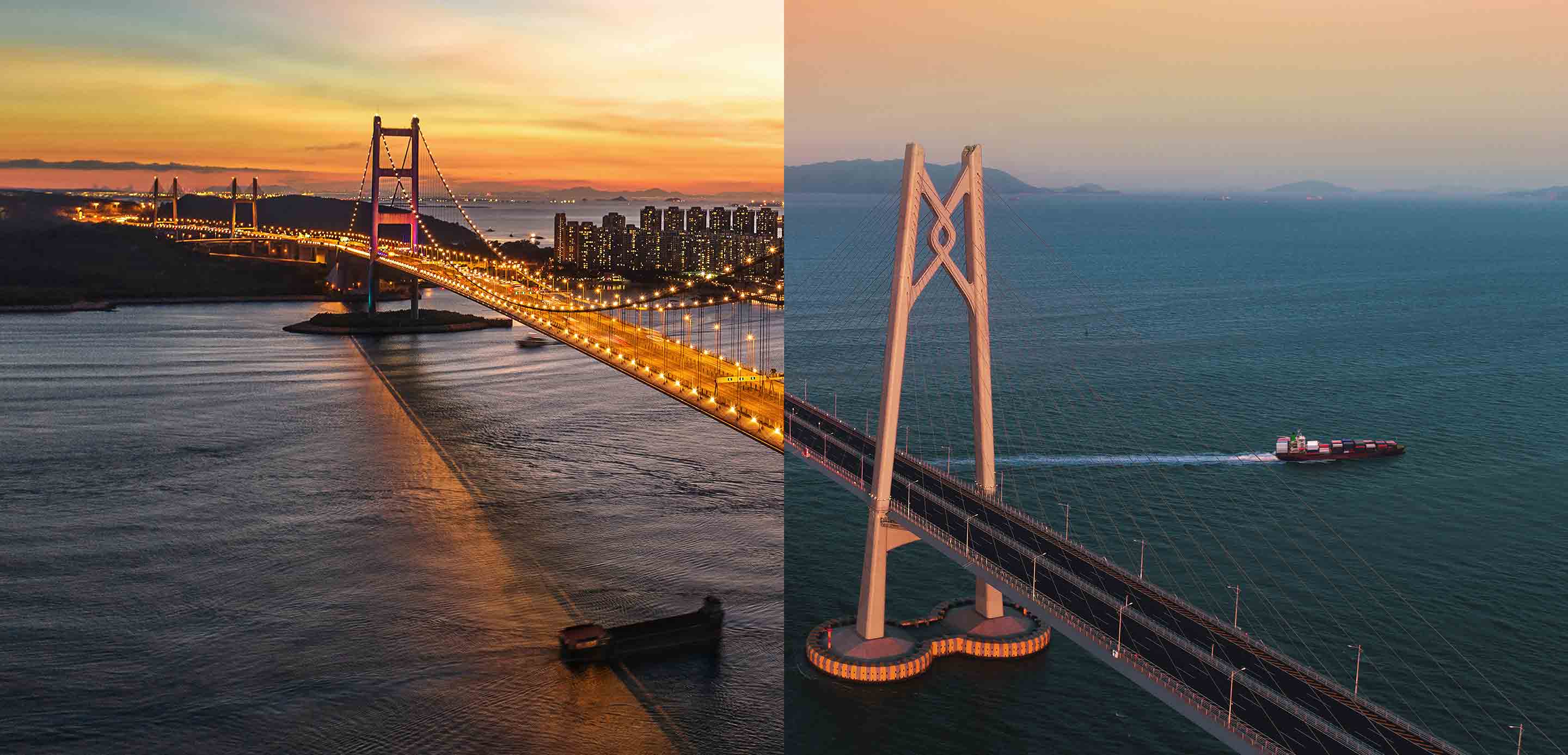 A half-half  combination of HK and PRD bridge to demostrate the connection of trade between two cities.